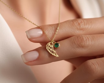 Gold Angel Wing Necklace, Custom Birthstone Memorial Gift, Remembrance Jewelry, Guardian Angel Pendant, Loss of Loved One, Sympathy Gift