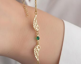 Pulseira com Asas de Anjo e Pedra Natalícia para Mulheres, Anjo da Guarda, Presente de Aniversário ou de Condolências para Ela, Presente para Mãe de um Anjo