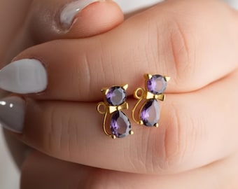 Birthstone Cat Stud Earrings for Women, Cat Birthstone Earrings Drop Personalized Birthstone Dangle Cat Earrings Gold Mystic Topaz Earrings
