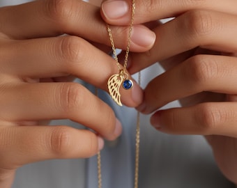 Gold Angel Wing Necklace, Custom Birthstone Memorial Gift, Remembrance Jewelry, Guardian Angel Pendant, Loss of Loved One, Sympathy Gift