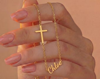 Collar con cruz de oro de 18 quilates con nombre, regalo de bautismo, collar con cruz personalizada con nombre de lado, regalos cristianos para bautizo, regalo para ella.