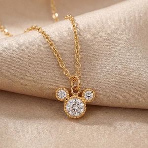 Gold Plated Tiny Mickey Mouse Pave Necklace, Women Necklace, Pendant Necklace, Minimalist Dainty Jewelry, Cute Animal Necklace, Gift for Her