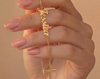 Personalized Name Bracelet with Cross & Birthstone, Dainty Faith Jewelry, Mother's Day Gift for Mom, Christian Gift, Baptism,First Communion