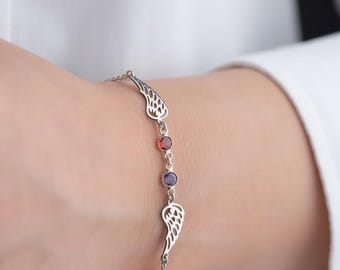 Pulseira com Asas de Anjo e Pedra Natalícia para Mulheres, Anjo da Guarda, Presente de Aniversário ou de Condolências para Ela, Presente para Mãe de um Anjo
