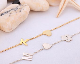 Letter Initial Bracelet,Custom Couple Bracelets,Personalized Initial Letter Bracelet,Couple Bracelets,Paw Print Bracelet,Tiny Heart Bracelet