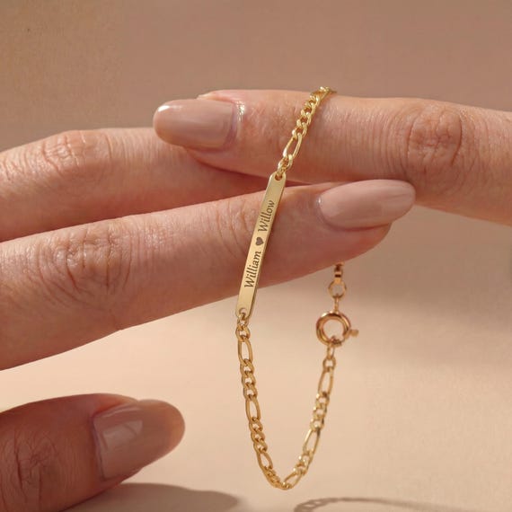 Personalized Engraved Name Bar Bracelet, 14K Gold Figaro Chain, Gold Plated Sterling Silver, Minimalist Name Jewelry, Birthday Gift For Her