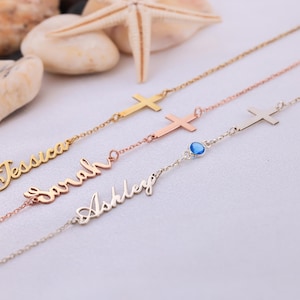 Tiny Gold Name Bracelet Women Silver Cross Bracelet with Handwritten Name Birthstone Bracelet Dainty Cross Charm Bracelet Mother's Day gift