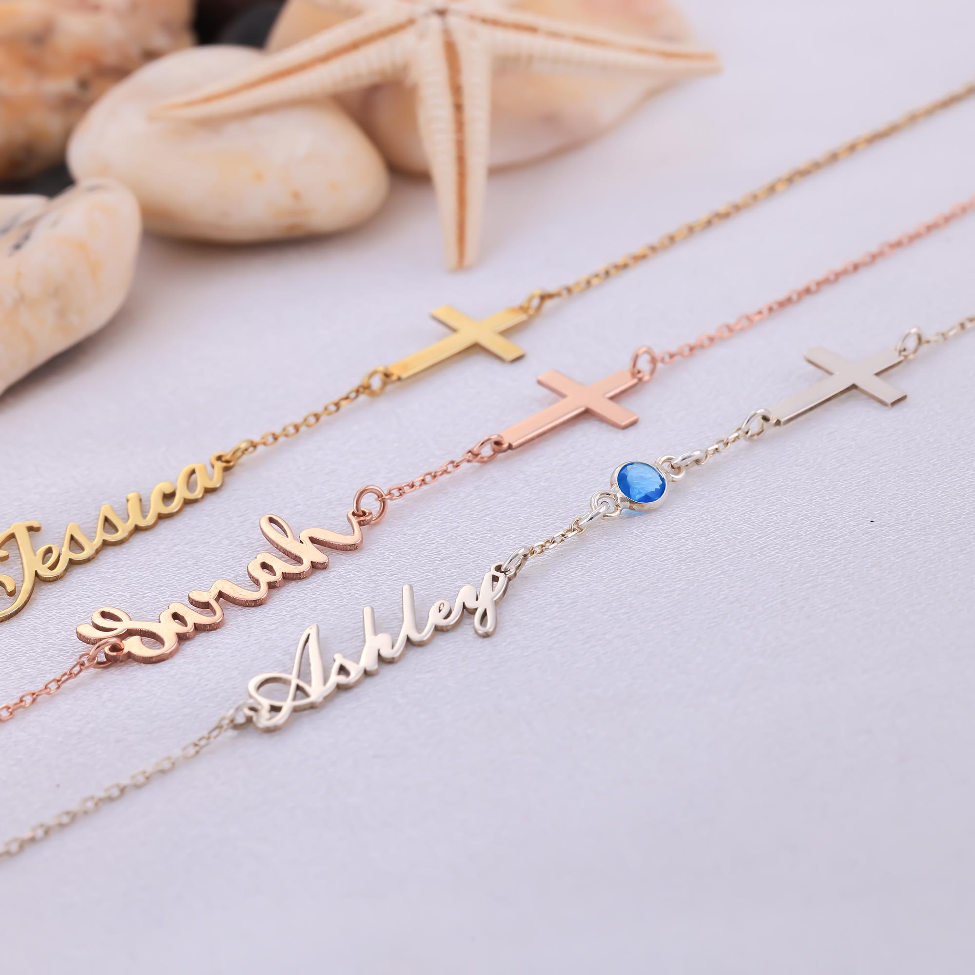 Tiny Gold Name Bracelet Women Silver Cross Bracelet with Handwritten Name Birthstone Bracelet Dainty Cross Charm Bracelet Mother's Day gift