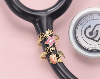 Stethoscope Name Tag With Birthflower Stethoscope Charm With Flower Stethoscope ID Tag Stethoscope Accessories Custom Stethoscope Tag Silver