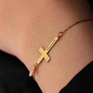 Cross Bracelet for Women, Gold Cross Bracelet with Birthstone, Cross Bracelet Women, Christian Baptism  Bracelet, Tiny Cross Name Bracelet
