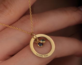 Women Name Necklace with Birthstone Personalized Gold Birthstone Necklace Circle Necklace Message Engraved on Circle Silver Engraved Jewelry