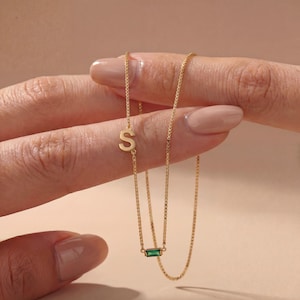 Birthstone Initial 925 Sterling Silver Necklace, Baguette Birthstone Necklace,Birthstone Necklace for Women ,Initial Necklace ,Birthday Gift