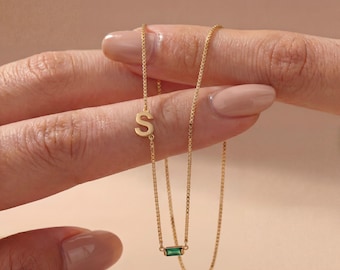 Birthstone Initial 925 Sterling Silver Necklace, Baguette Birthstone Necklace,Birthstone Necklace for Women ,Initial Necklace ,Birthday Gift