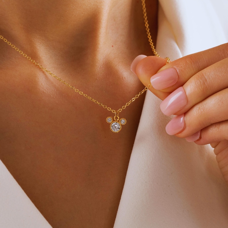 Gold Plated Tiny Mickey Mouse Pave Necklace, Women Necklace, Pendant Necklace, Minimalist Dainty Jewelry, Cute Animal Necklace, Gift for Her