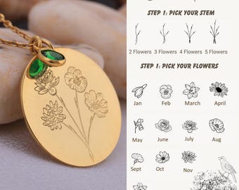 Bouquet de famille collier de fleurs fleurs de naissance combinées mois de naissance collier de fleurs gravé Unique cadeau de mère de famille cadeaux d'anniversaire pour elle