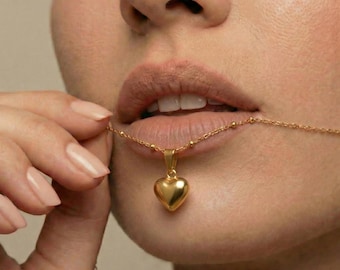 Gold Puff Heart Necklace, Dainty 3D Bubble Pendant, Minimalist Love Jewelry, Anniversary Gift