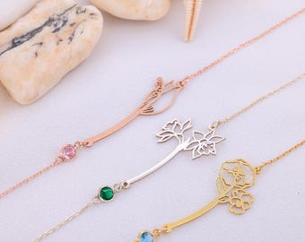 Birthstone Flower Bracelet, Personalized Birth Flower with Birthstone Bracelet, Gold Birth Flower Bracelet, Custom Month Flower Bracelet