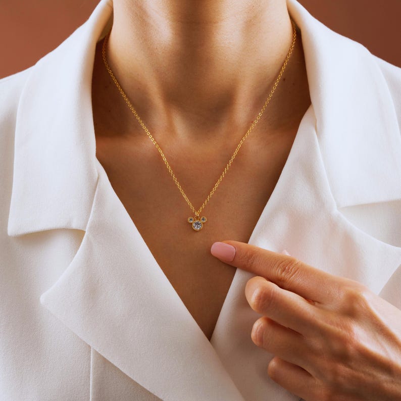 Gold Plated Tiny Mickey Mouse Pave Necklace, Women Necklace, Pendant Necklace, Minimalist Dainty Jewelry, Cute Animal Necklace, Gift for Her