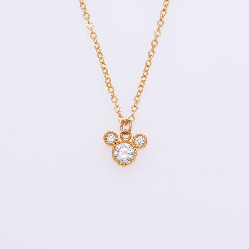 Gold Plated Tiny Mickey Mouse Pave Necklace, Women Necklace, Pendant Necklace, Minimalist Dainty Jewelry, Cute Animal Necklace, Gift for Her