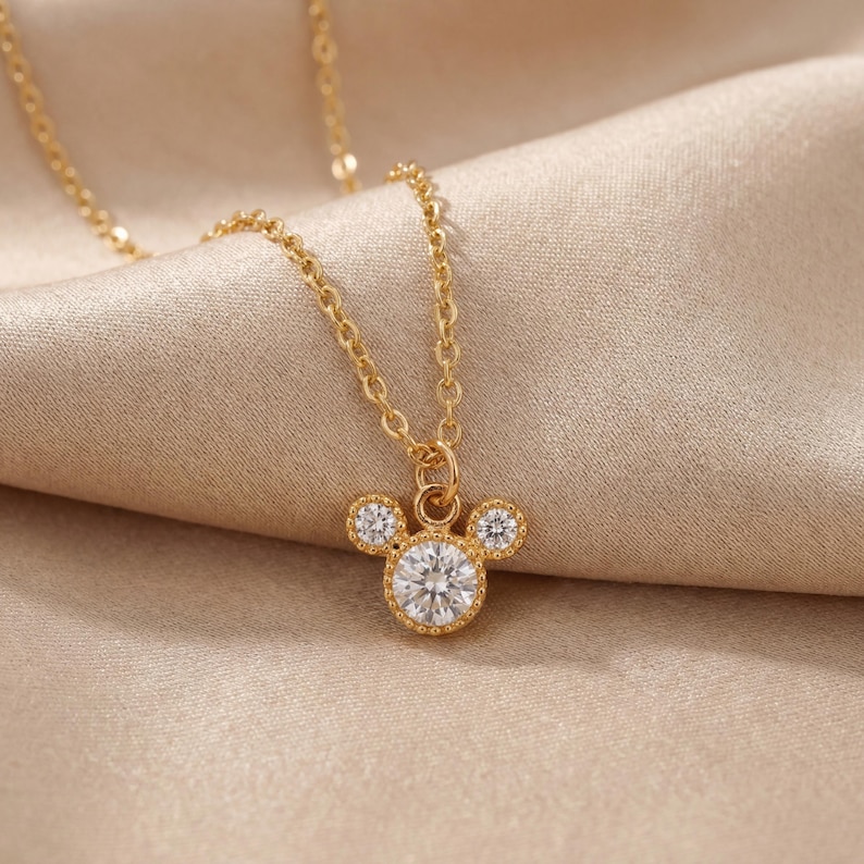 Gold Plated Tiny Mickey Mouse Pave Necklace, Women Necklace, Pendant Necklace, Minimalist Dainty Jewelry, Cute Animal Necklace, Gift for Her