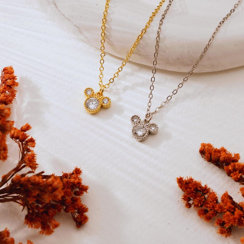 Gold Plated Tiny Mickey Mouse Pave Necklace, Women Necklace, Pendant Necklace, Minimalist Dainty Jewelry, Cute Animal Necklace, Gift for Her