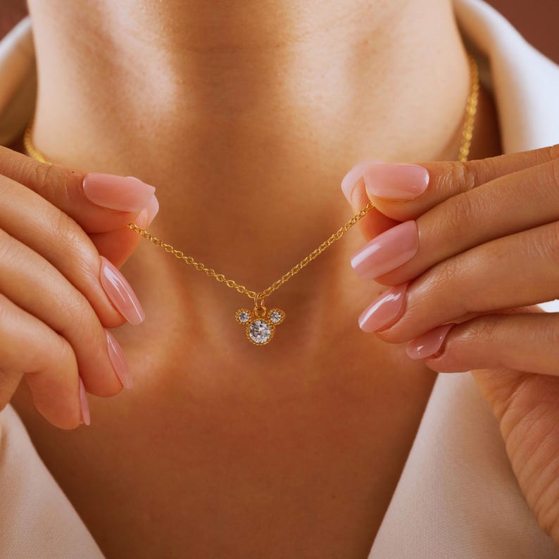 Gold Plated Tiny Mickey Mouse Pave Necklace, Women Necklace, Pendant Necklace, Minimalist Dainty Jewelry, Cute Animal Necklace, Gift for Her