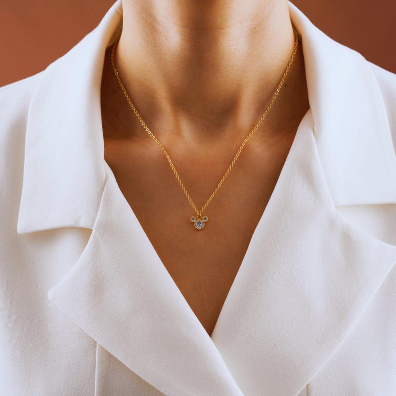 Gold Plated Tiny Mickey Mouse Pave Necklace, Women Necklace, Pendant Necklace, Minimalist Dainty Jewelry, Cute Animal Necklace, Gift for Her