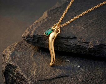Custom Cornicello Birthstone Necklace, Gold Plated Italian Horn Pendant, Protection Jewelry, Lucky Everyday Necklace, Meaningful Gift