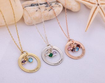 Family Birthstone Necklace, Women Name Necklace with Birthstone, Custom Gold Birthstone Necklace, Circle Necklace Message Engraved on Circle