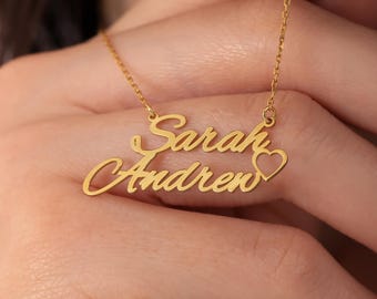 Personalized Couple Names Necklace, Dainty Name Necklace, Multiple Name Necklace,Kids Name Necklace,Mom of Two, Two Name Necklace with Heart