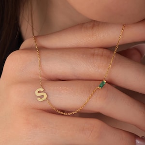 Collar con piedra de nacimiento de baguette personalizado con iniciales, collar con piedra de nacimiento personalizado de Emery, collar con dije de piedra preciosa, collar con inicial de oro
