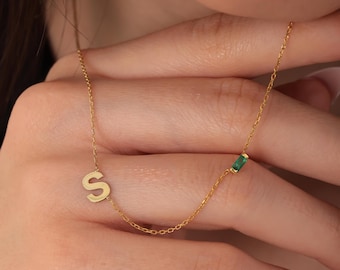 Personalized Baguette Birthstone Necklace with Initials, Emery Custom Birthstone Necklace, Gemstone Charm Necklace, Gold Initial necklace