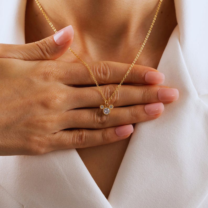 Gold Plated Tiny Mickey Mouse Pave Necklace, Women Necklace, Pendant Necklace, Minimalist Dainty Jewelry, Cute Animal Necklace, Gift for Her