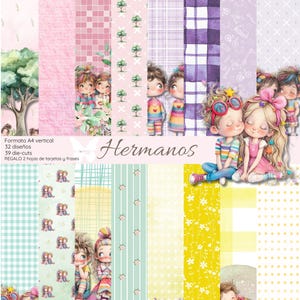 Colección de papeles digital | COLECCIÓN HERMANOS| 34 diseños, 39 die-cuts y tarjetas y frases inclu | Formato A4 vertical de Tximeletascrap