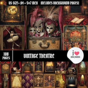 Kit de diario vintage de teatro: 108 páginas imprimibles de efímeras, papel de bailarina de máscaras, tamaño A4 + Carta (EE. UU.) + 5x7, descarga instantánea