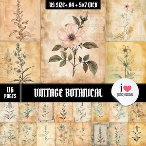 Kit de journal botanique vintage, 116 pages, éphémères herbier imprimables, illustrations florales anciennes, lettre US A4 5 x 7