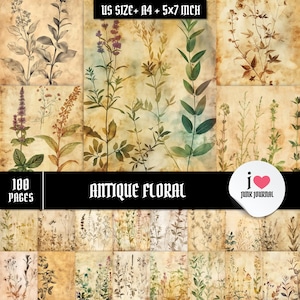 Páginas de diário botânico vintage, itens florais antigos, papel de ervas para impressão, tamanho carta A4 EUA 5x7, fundos digitais, kit de 100 páginas