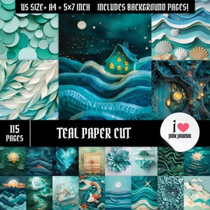Blauwgroen papier gesneden Junk Journal Kit, zee en natuur geïnspireerde digitale scrapbookpagina's, afdrukbare papier ambachtelijke set, Instant Download Commercial