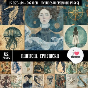 Kit de Diário Náutico com 122 Páginas | Objetos Vintage Steampunk Oceânicos, Sereia, Cavalo-Marinho e Água-Viva | Fundos para Imprimir em Carta A4 5x7