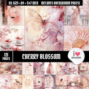 Kit de diario basura de cerezo en flor: 121 páginas imprimibles, efímeras, estética Sakura, diario vintage rosa, scrapbooking de primavera