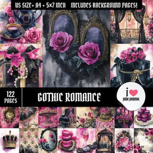 Papeles digitales de romance gótico: 122 páginas lujosas, temática gótica victoriana, kit de diario basura, tamaño carta/A4/5x7, elegancia floral oscura