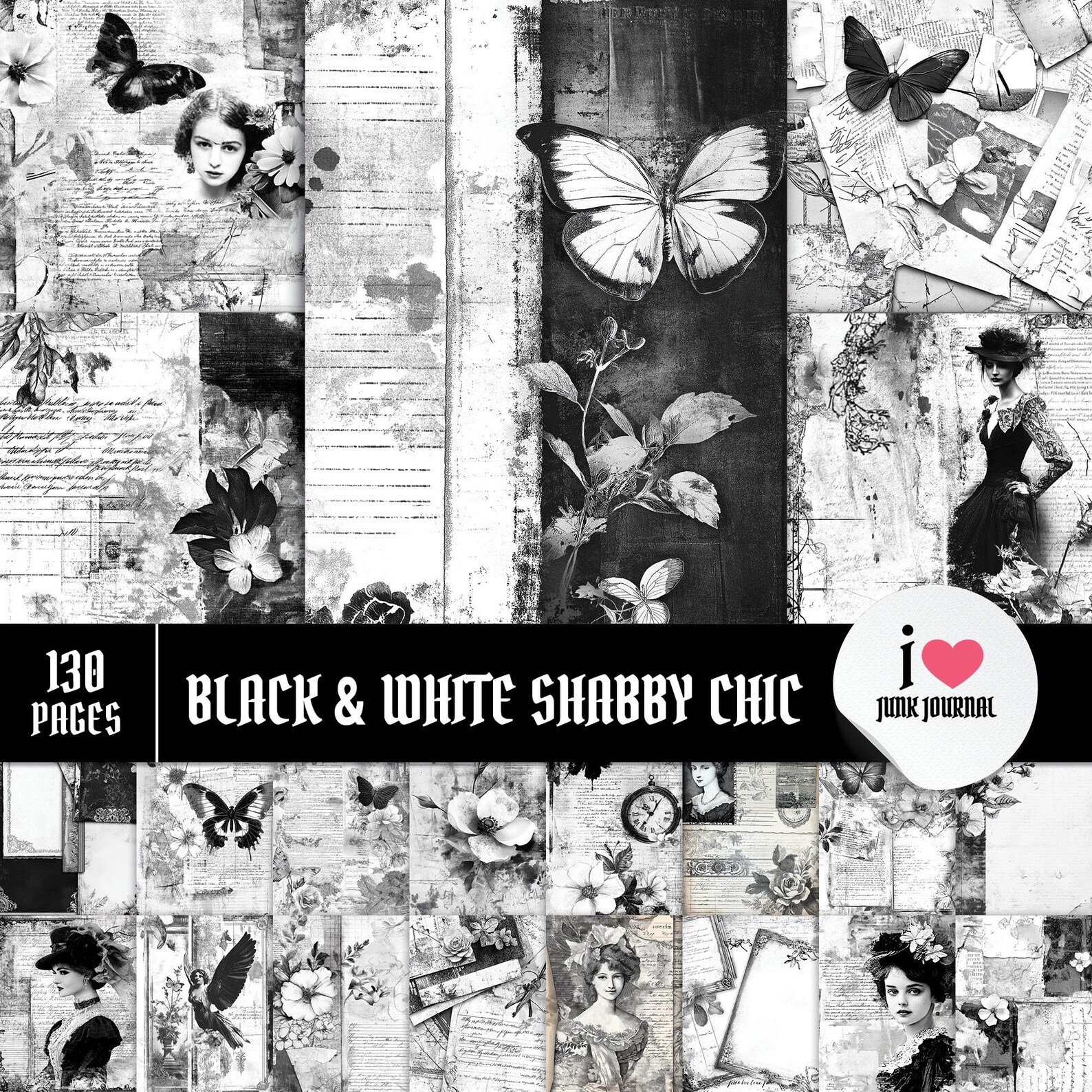 Black & White Shabby Chic Junk Journal Kit: Vintage Ephemera (digital ...