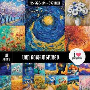 May include: A collection of Van Gogh-inspired art prints. The prints feature vibrant colors and brushstrokes, depicting landscapes, floral arrangements, and starry night scenes. The text "US SIZE+ A4 + 5x7 INCH" is visible.