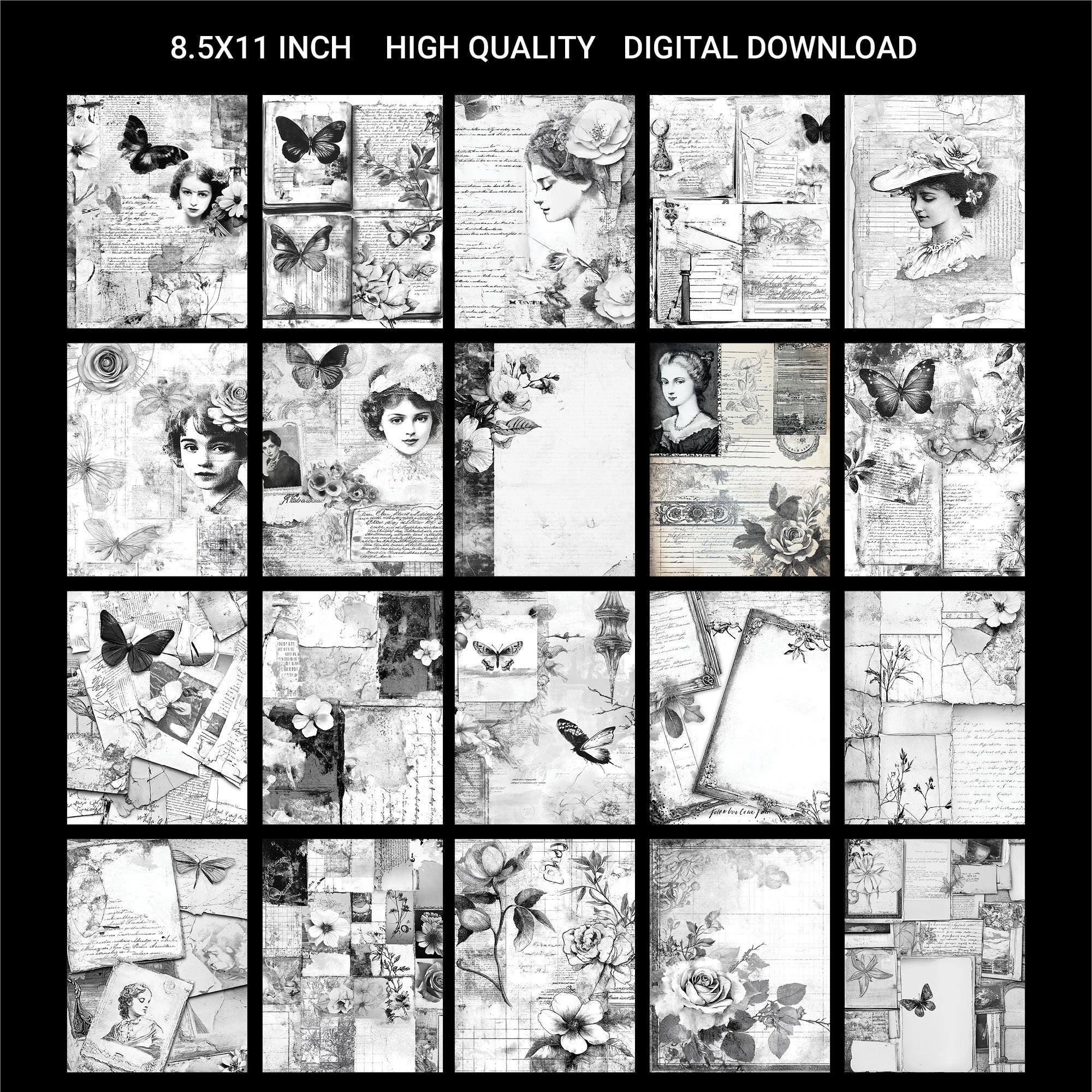 Black & White Shabby Chic Junk Journal Kit: Vintage Ephemera (digital ...