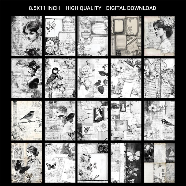 Black & White Shabby Chic Junk Journal Kit: Vintage Ephemera (digital ...