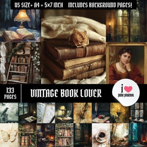 Vintage Book Lover Junk Journal Kit - 133 afdrukbare pagina's, efemere antieke bibliotheek, Amerikaanse A4 5 x 7-formaten, donkere academische stijl, direct gebruik
