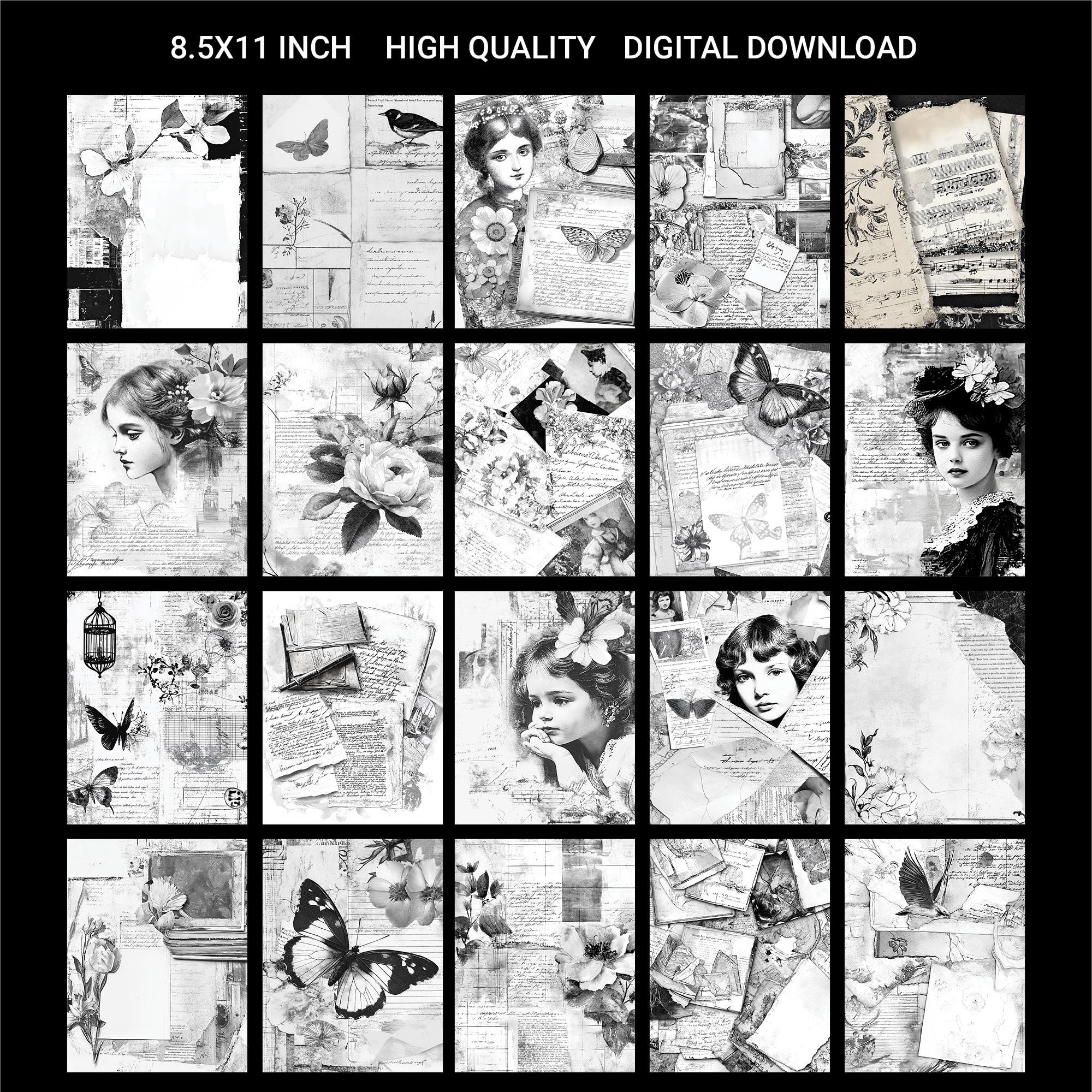 Black & White Shabby Chic Junk Journal Kit: Vintage Ephemera (digital ...