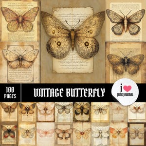 Kit de diário de borboleta vintage, 100 páginas 8,5 x 11, itens antigos, papel envelhecido, impressão de álbum de recortes, colagem da natureza, download digital