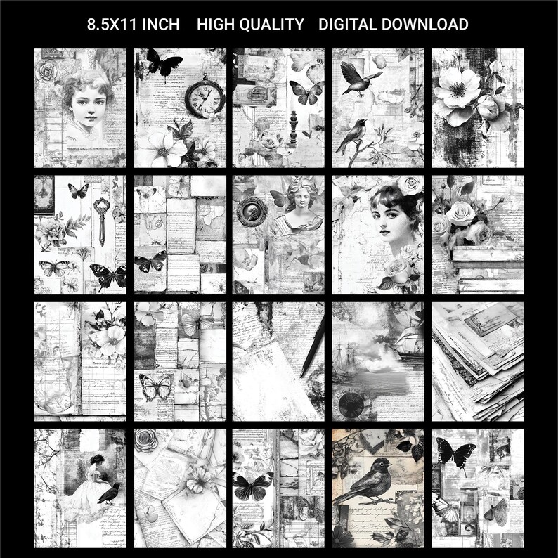Black & White Shabby Chic Junk Journal Kit: Vintage Ephemera (digital ...