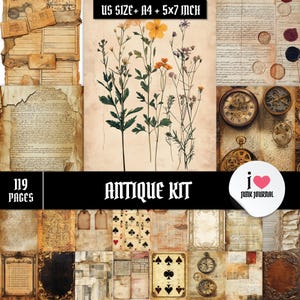Kit de diário de lixo enorme, páginas de itens efêmeros vintage, botânico antigo, pacote de papel steampunk, scrapbooking para impressão, 119 páginas, uso comercial